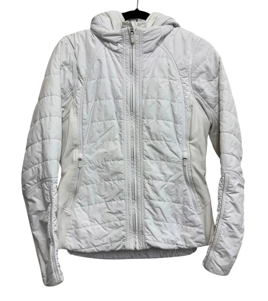 Lululemon Extra Mile Puffer Size 8 White Hooded Quilted Insulated Full Zip