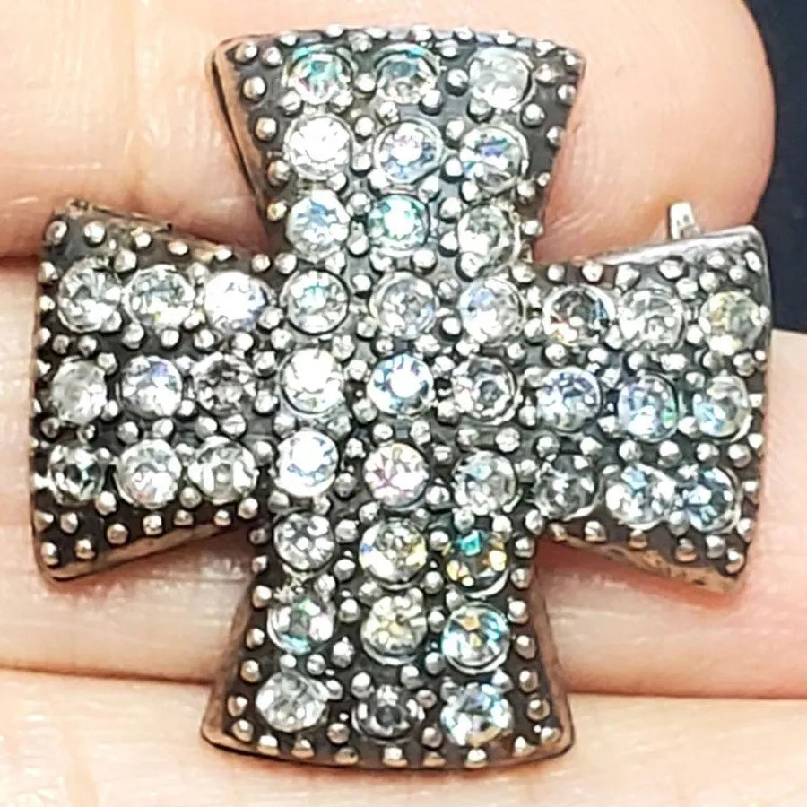 Clear Rhinestone Cross Silver Tone Vtg Unsigned 1"