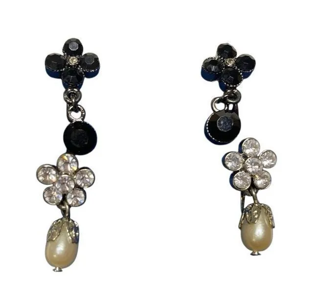 Lot of 2 Pairs Avon Rhinestone Pearl Drop Earrings Clip On Silver Tone Floral