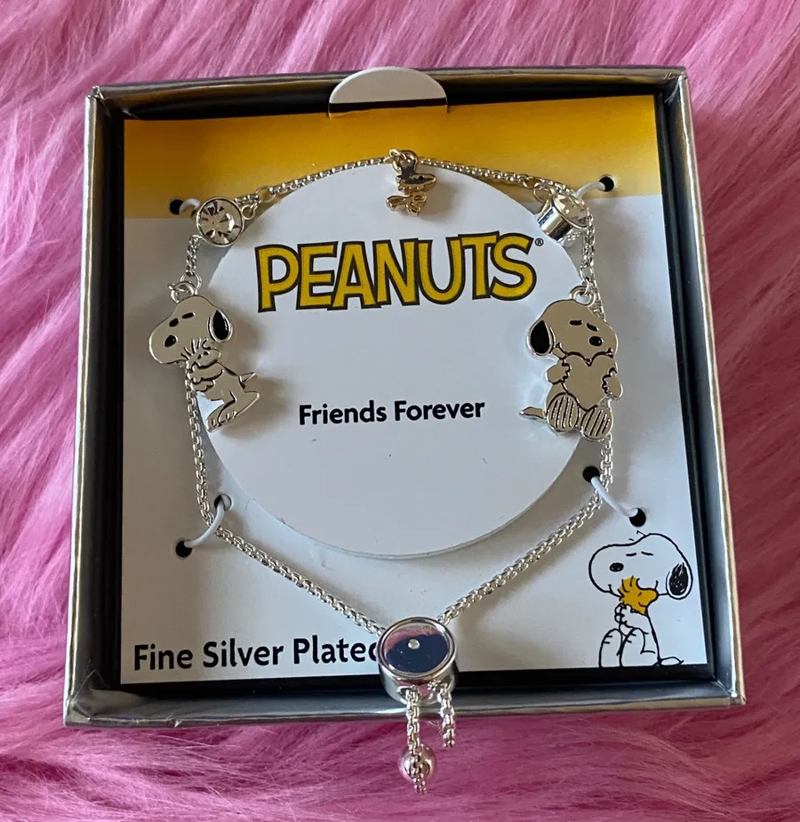NWT Peanuts Snoopy & Woodstock Crystal Bezel Charm Bolo Bracelet Silver