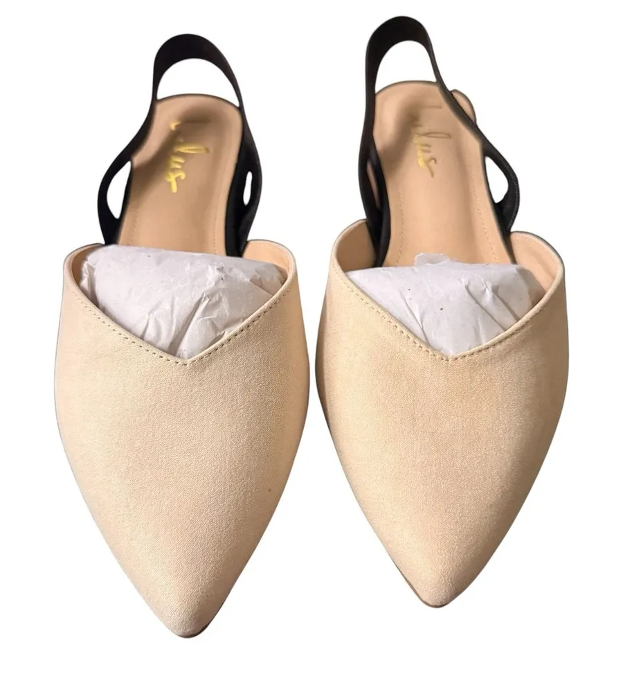 Lulu's NIB Mae Faux Suede Pointed-Toe Slingback Flats in Beige and Black Size 10