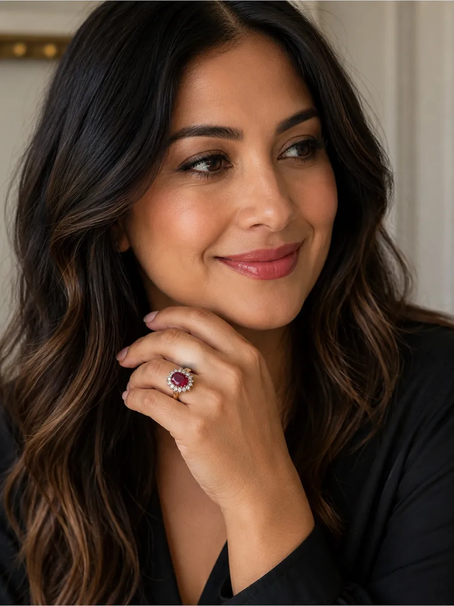18k Gold Plated Ruby Halo Ring Red