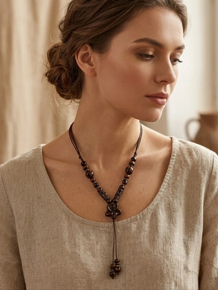 Bohemian Beaded Ceramic Brown Adjustable Necklace Ethnic Style Flower Pendant