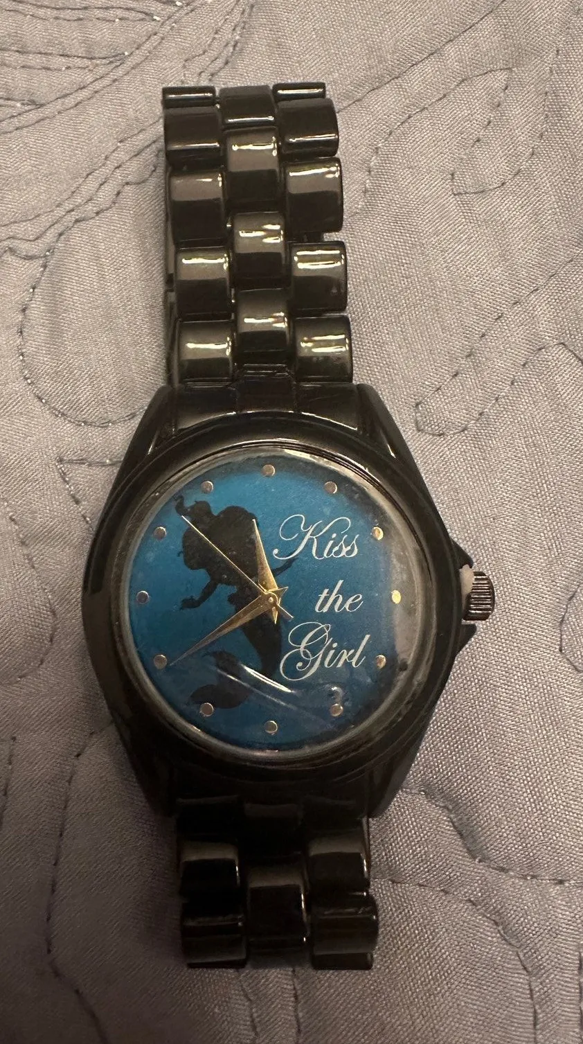 NWOB Disney Little Mermaid Lady Watch ARIEL KISS THE GIRL Silhouette Metal Band