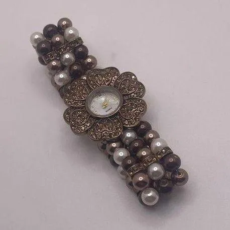 Working Nolan Miller Faux Pearl / Rhinestone Stretch Band Flower Women’s Watch