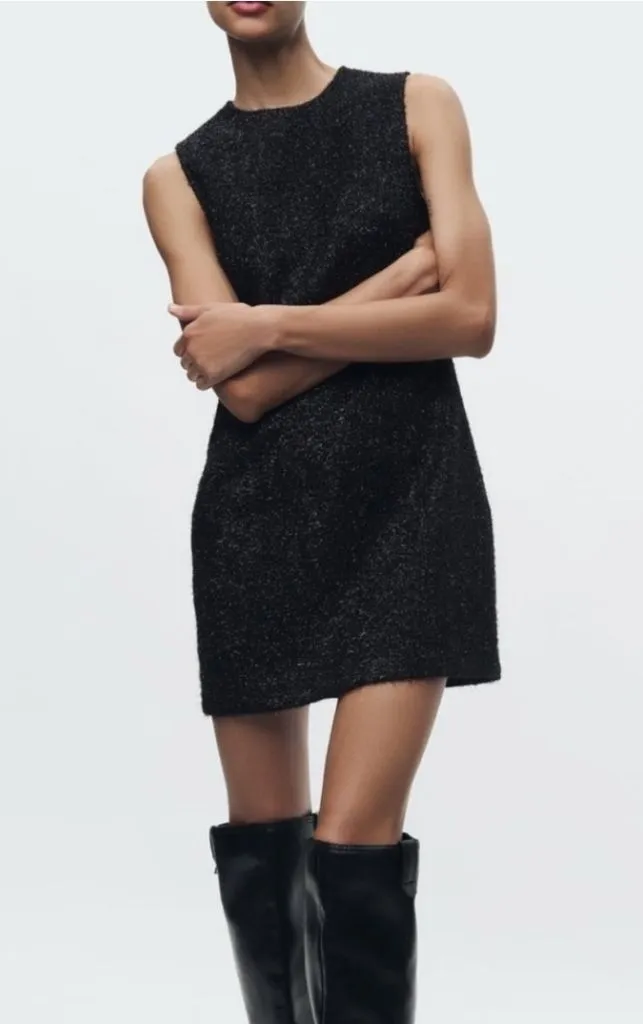 New Zara Elegant Vintage Look Black Sleeveless Fuzzy Dress