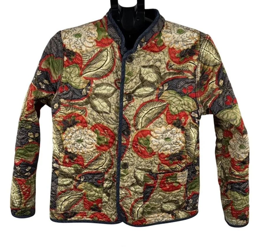 Reversible Quilted Jacket Womens Boho Patchwork Floral Denim Artisan Coat