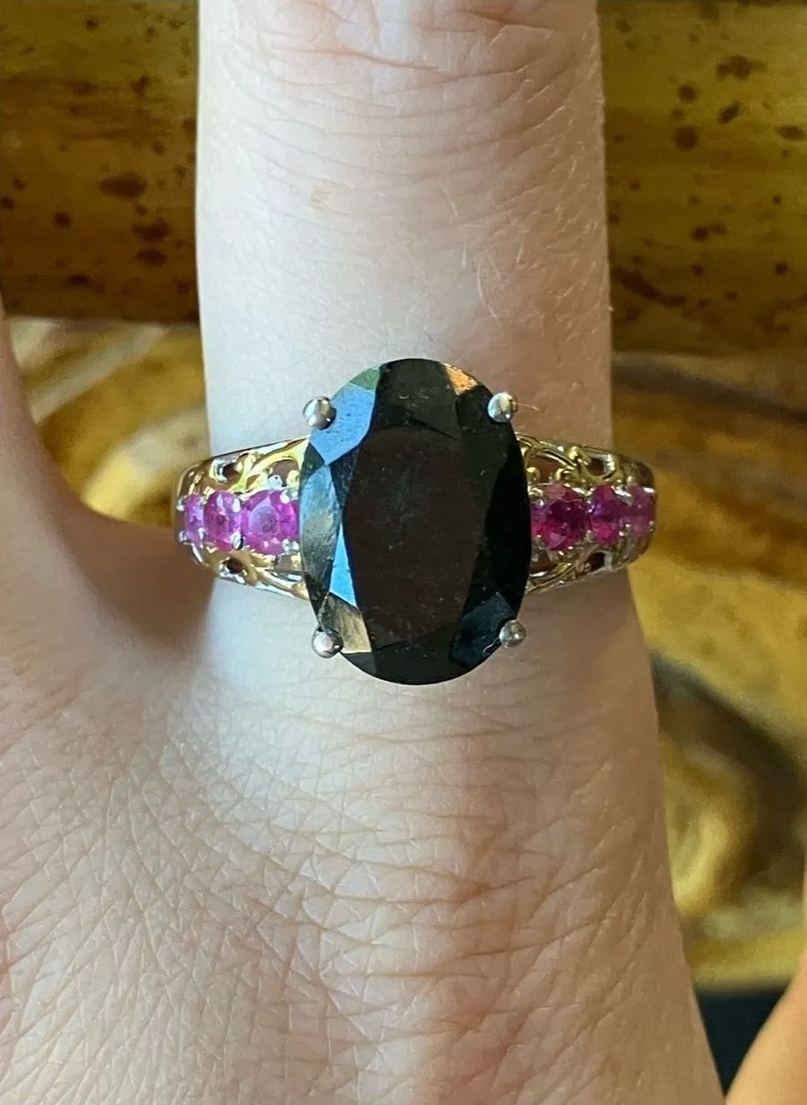 Black Tourmaline Ruby Sterling Silver Ring Size 10