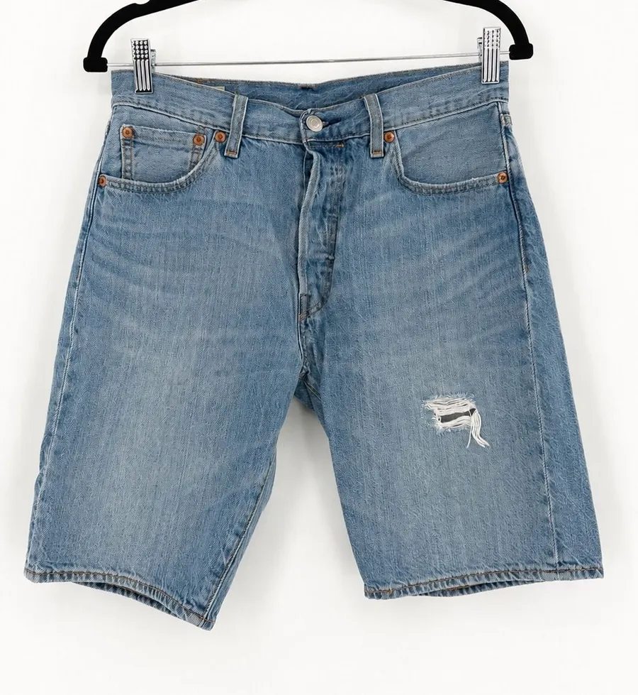 Levi's 501 Bermuda Shorts Womens Sz 30 Blue Distressed Button Fly Denim Classic