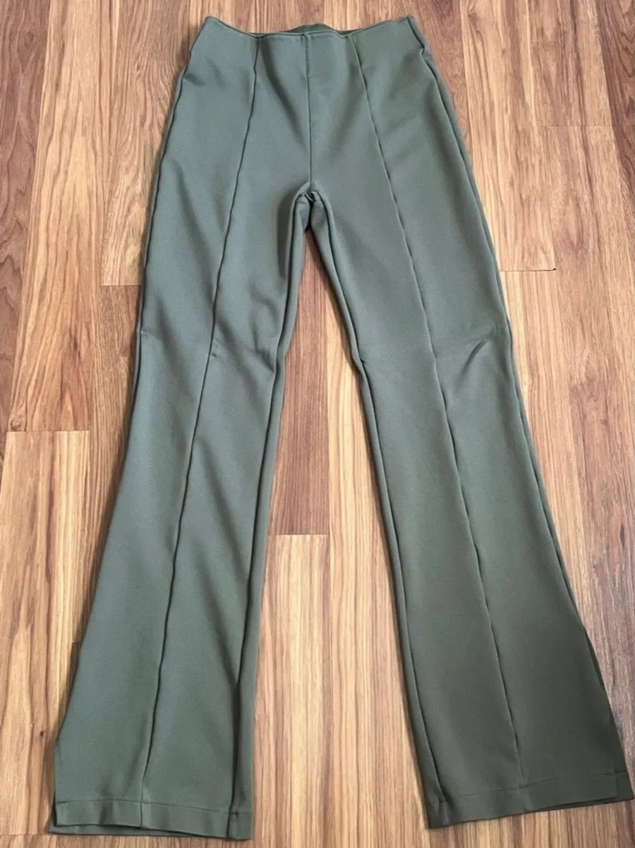 Abercrombie & Fitch Olive Green High Rise Flare Pants Pleat Split Hem Size M