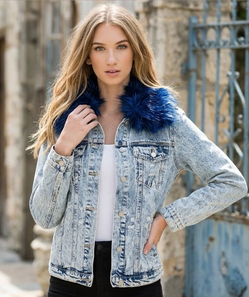 HONEY PUNCH Women’s Denim Acid Wash Jacket Removable Blue Faux Fur Collar Size S