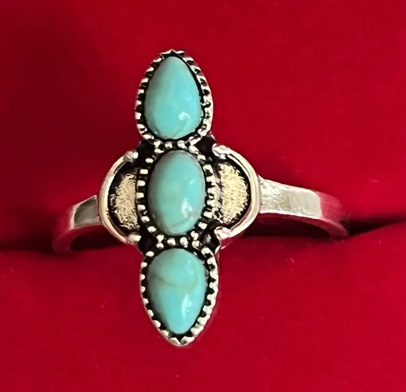 Bohemian/Aztec Design Faux Turquoise Stainless Steel Silver Ring Size 9 NWT Blue