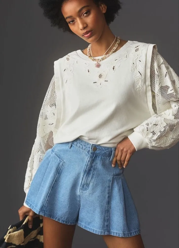 Anthropologie White Embroidered Cutwork Sweatshirt – Size XS (Oversized Fit)