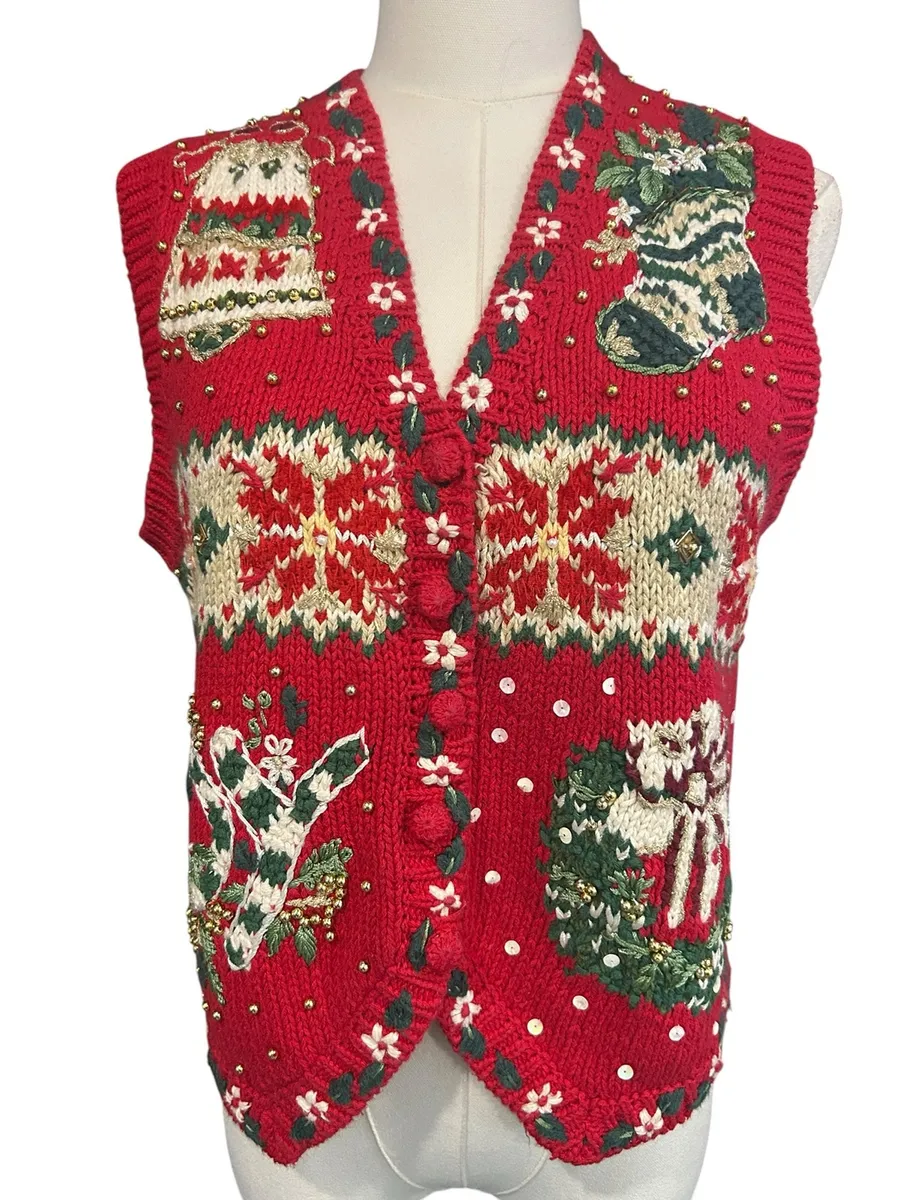 Vintage 80s Tiara Christmas Sweater Vest 3D Embellished Beaded Petite M Red Size M