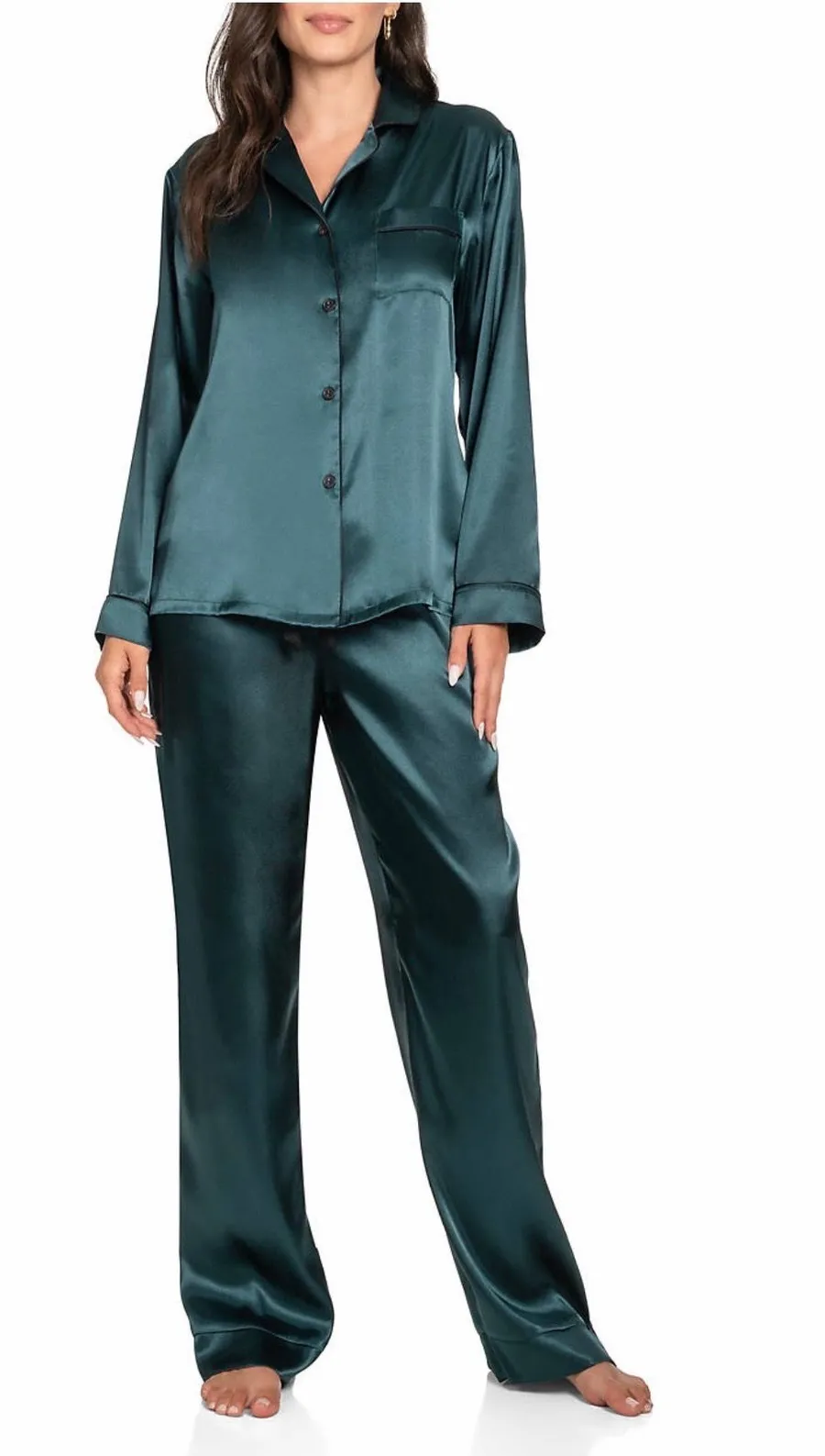Dark Green Satin Long Pajama Set Size L