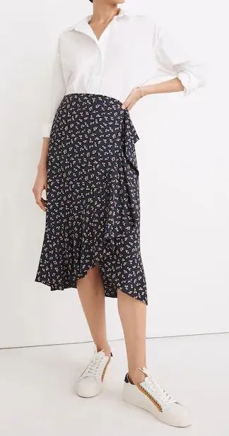 MADEWELL Ruffle Wrap Midi Skirt in Spring Fling, 10, Feminine Floral Cottagecore