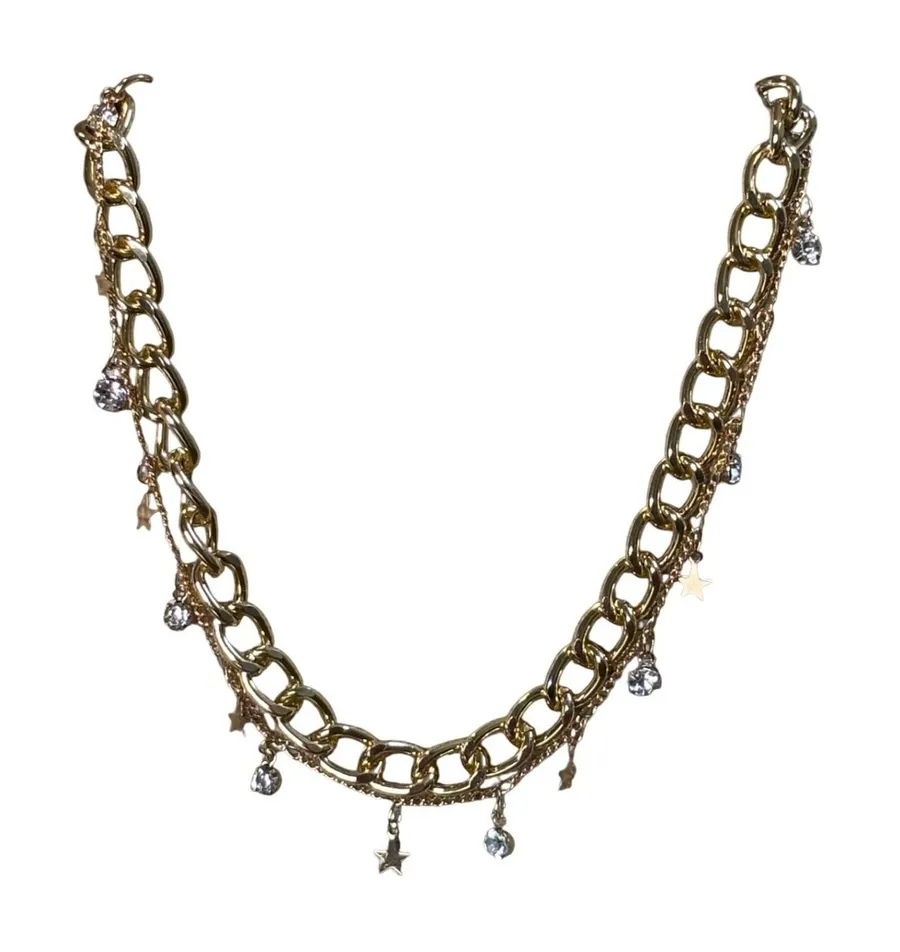 Gold Tone Layered Hat Chain Star Crystal Charms Dainty Sparkle New