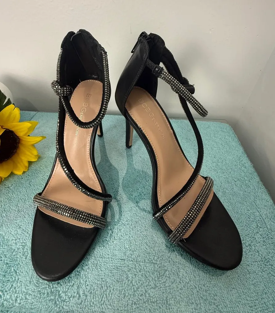 BCBG Black Rhinestone Strappy Stiletto Heels Size 6
