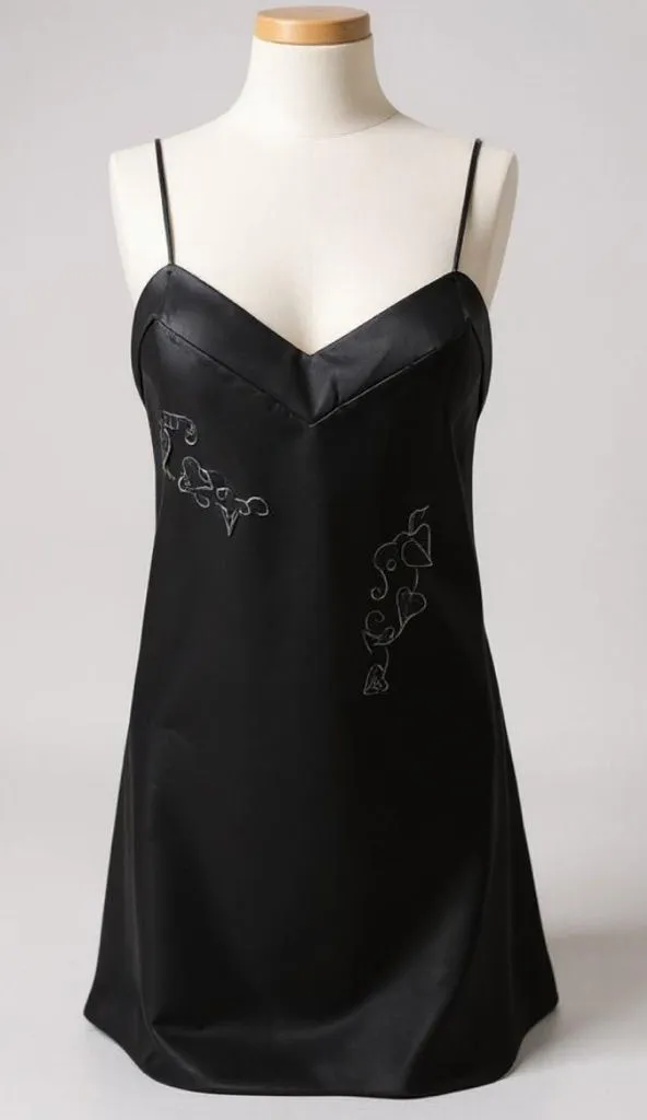 Wisteria intimate vintage Black Satin Slip Dress with Floral Embroidery