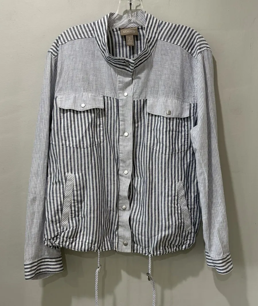 Chicos Blue & White Striped Lightweight Jacket With Drawstring Hem Size 2 large