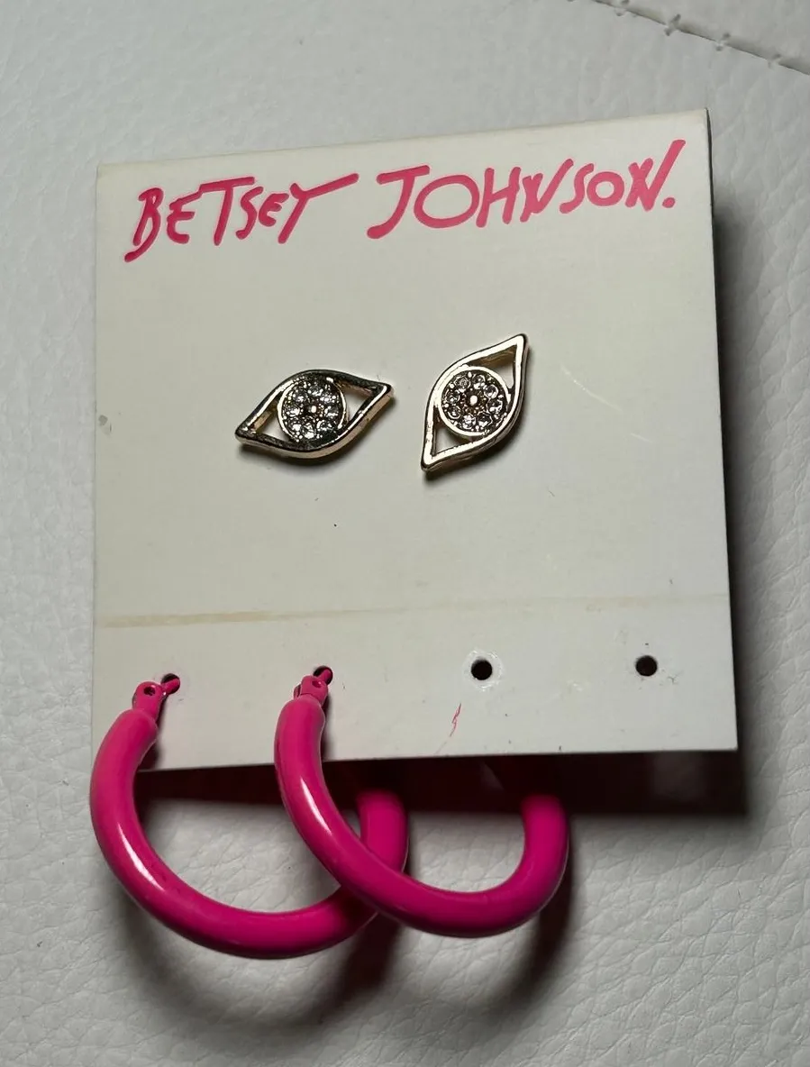 Betsey Johnson Earring Set Evil Eye Crystal Studs Pink Enamel Hoops 2 Pair NEW