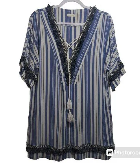 Pink Blush Blue Stripe Beachy Boho Swimsuit Cover Size M