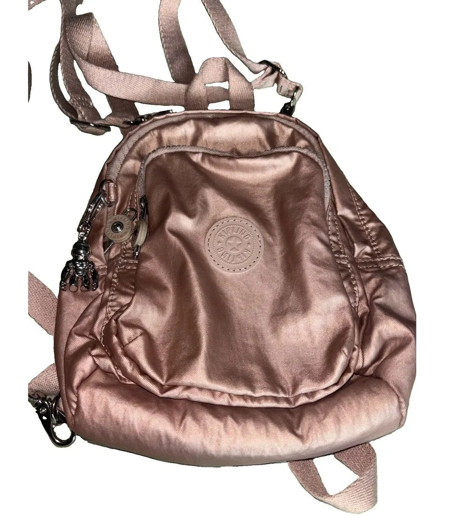 Authentic Kipling Metallic Rose Gold Mini Backpack & Sliver Monkey Charm