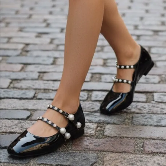 Steve Madden Black Patent Pearl Embellished Double Strap Mary Jane Ballet Shoes
