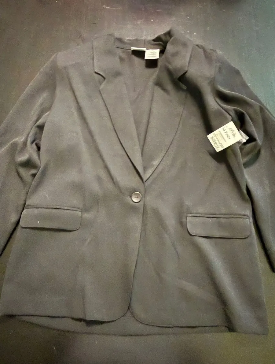 Liz Baker Essentials Black Shantung Blazer Jacket Single Button Petite 10P NEW