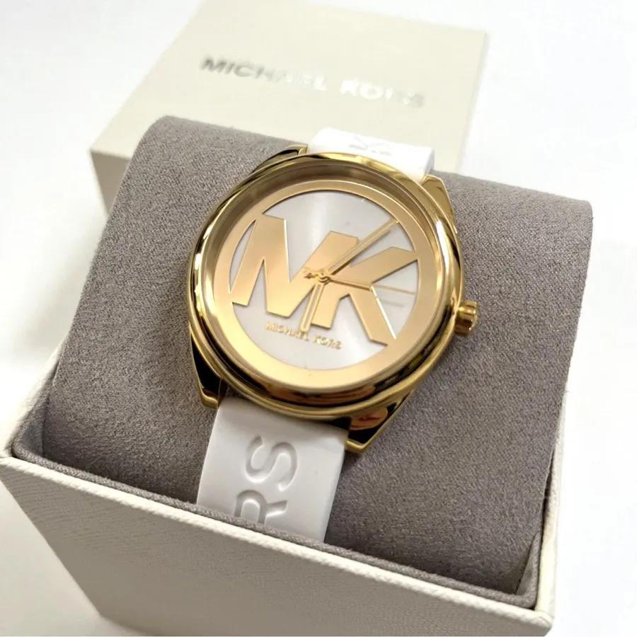 Michael Kors MK7141 42mm Gold-Tone Stainless Steel Case White Silicone Janelle