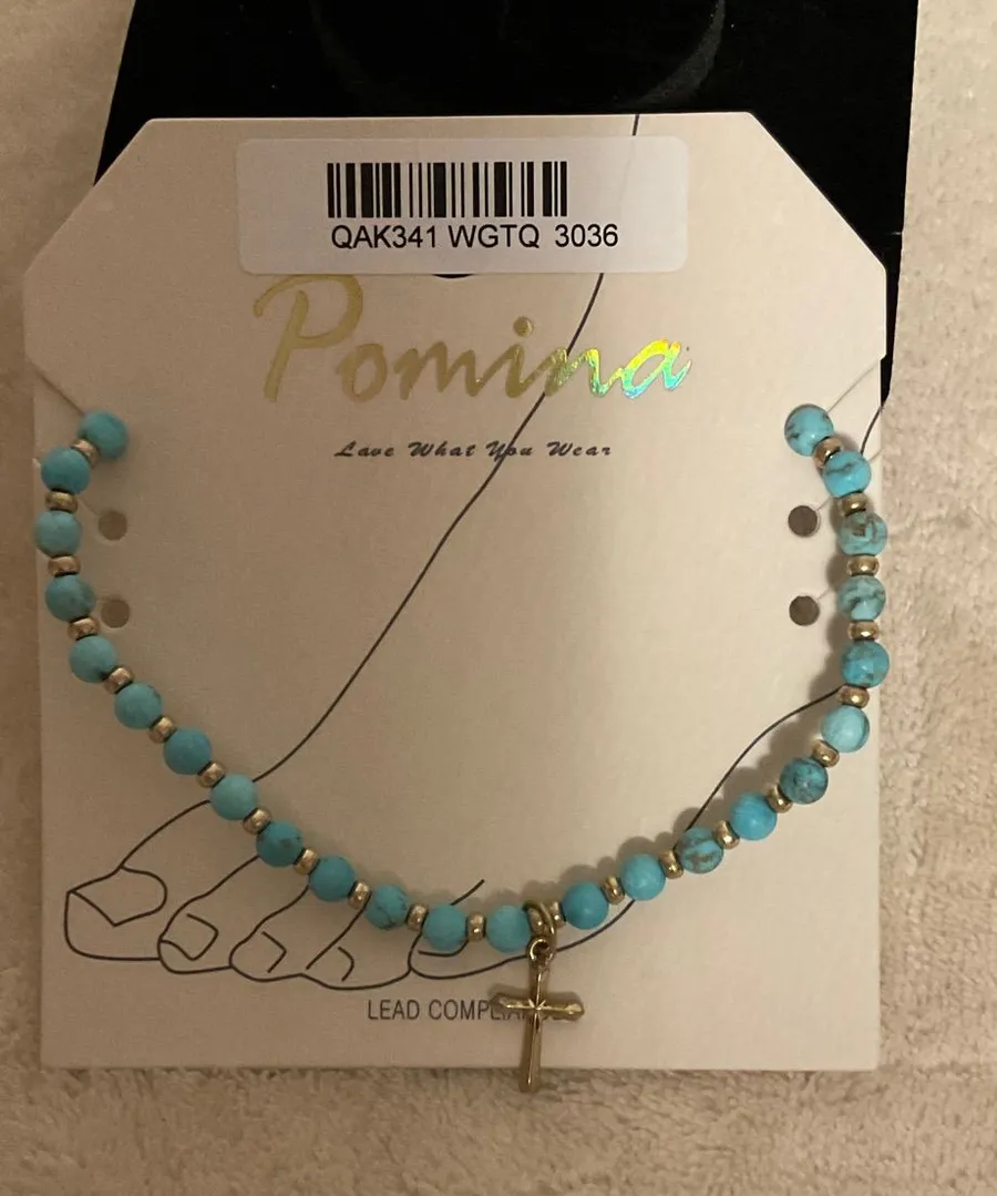 Pomina Turquoise Bead Bracelet with Gold Cross Charm Blue