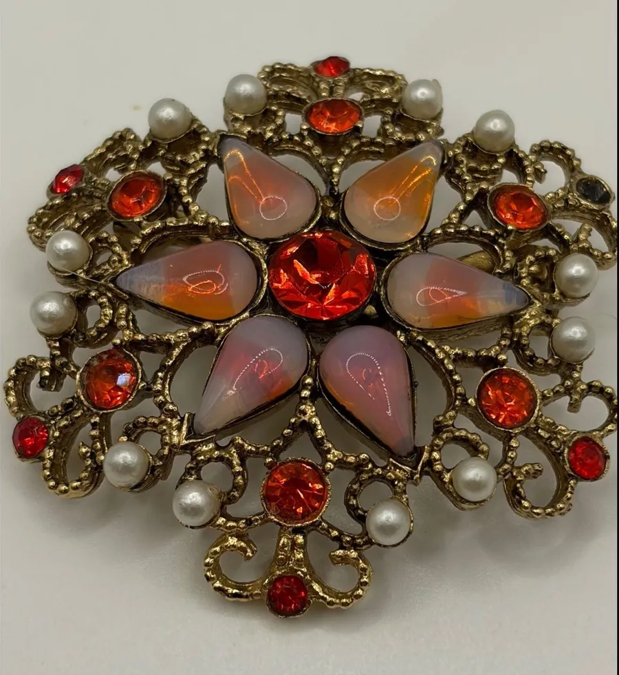 Faux Opal Rhinestone Brooch Small Gold Red Pearl Filigree Vintage