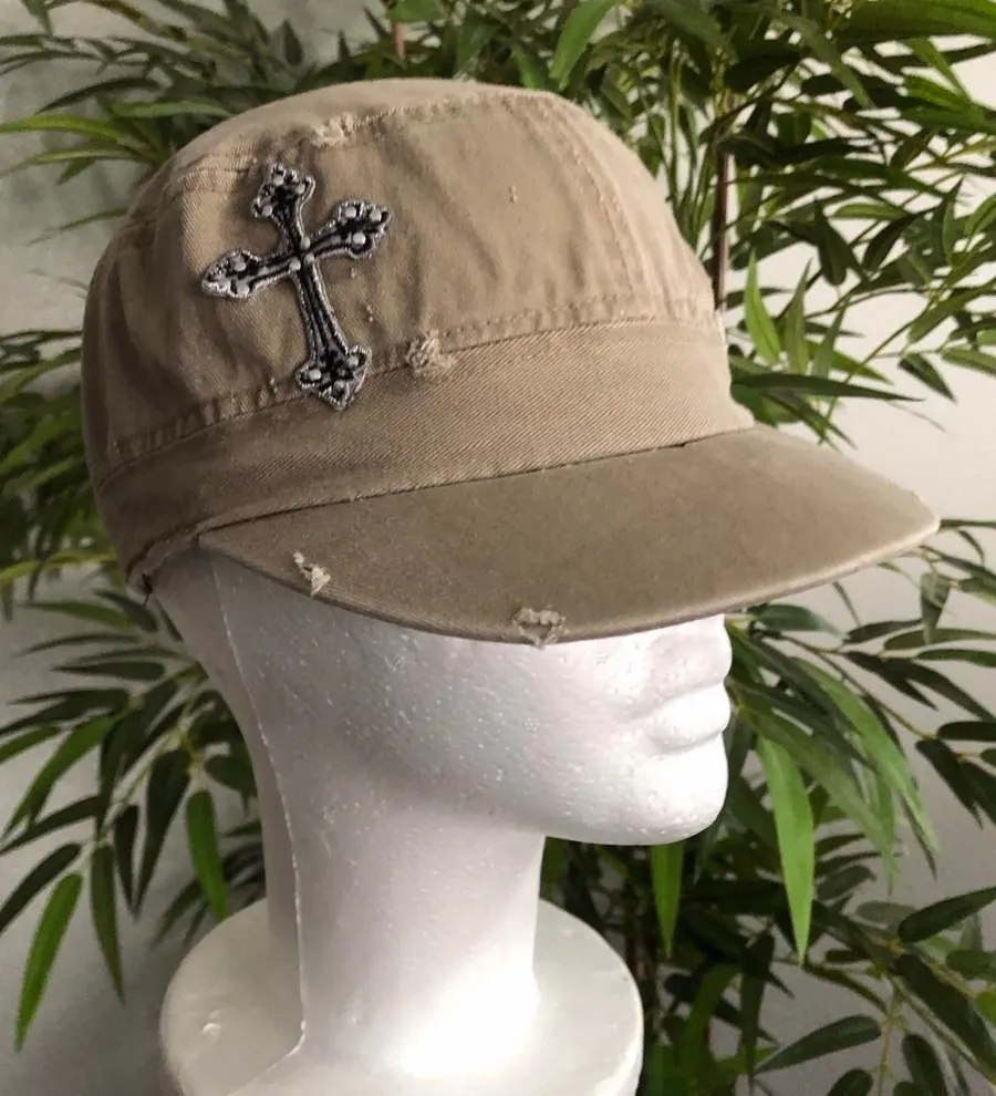 2000s Y2K Goth Grunge Mcbling Bimbo cross messenger cadet military newsboy baker boy cap hat khaki embellished rhinestone bedazzle distressed ripped biker streetwear #whimsygoth #utility #biker Brown