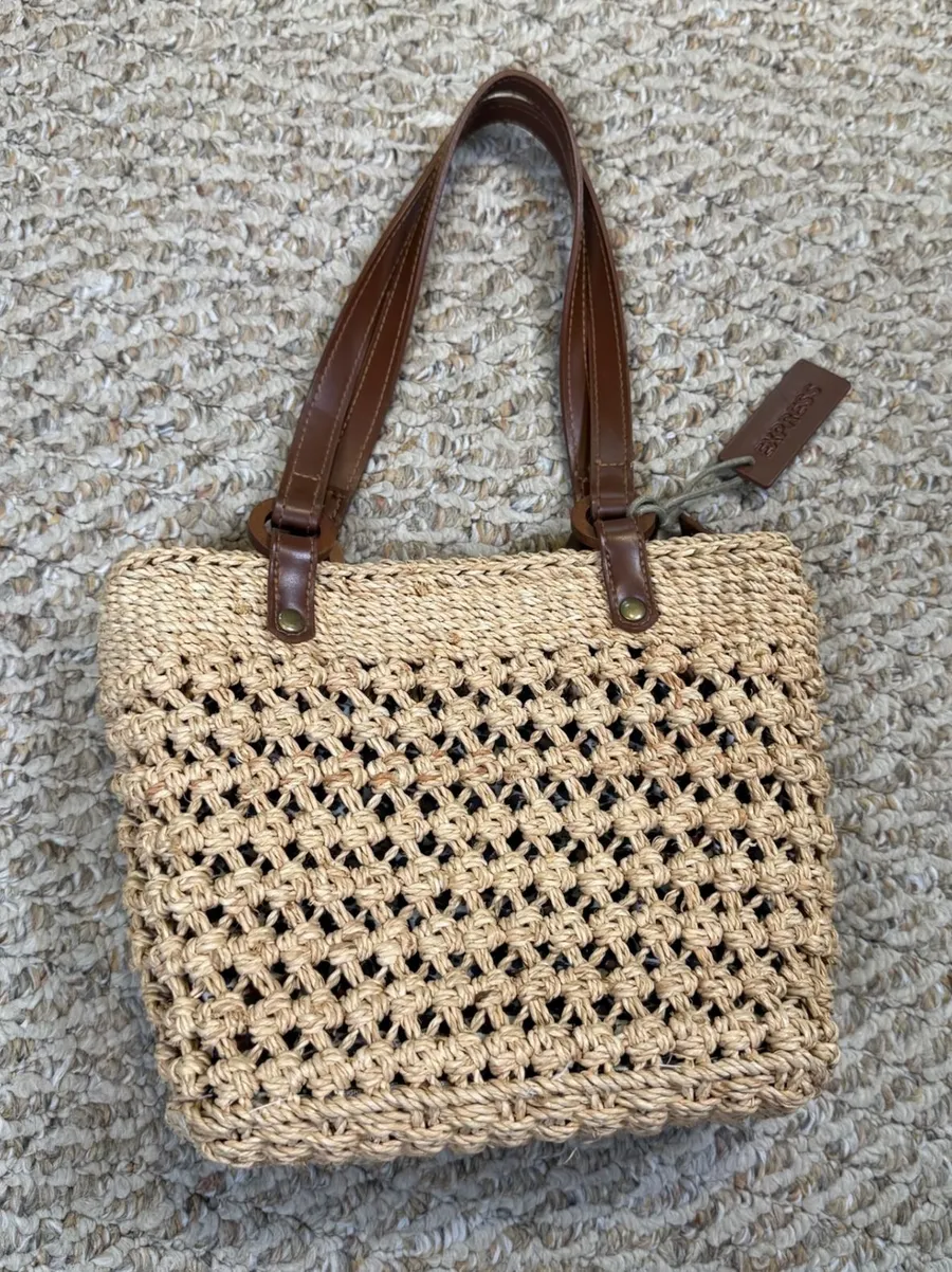 VTG Small Express Woven Straw Tote Bag Beige Leopard Print Lining Crochet Summer