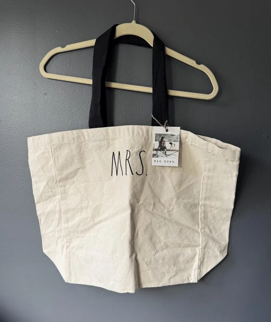 Rae Dunn Canvas Tote Bag with MRS. Print and Black Handles