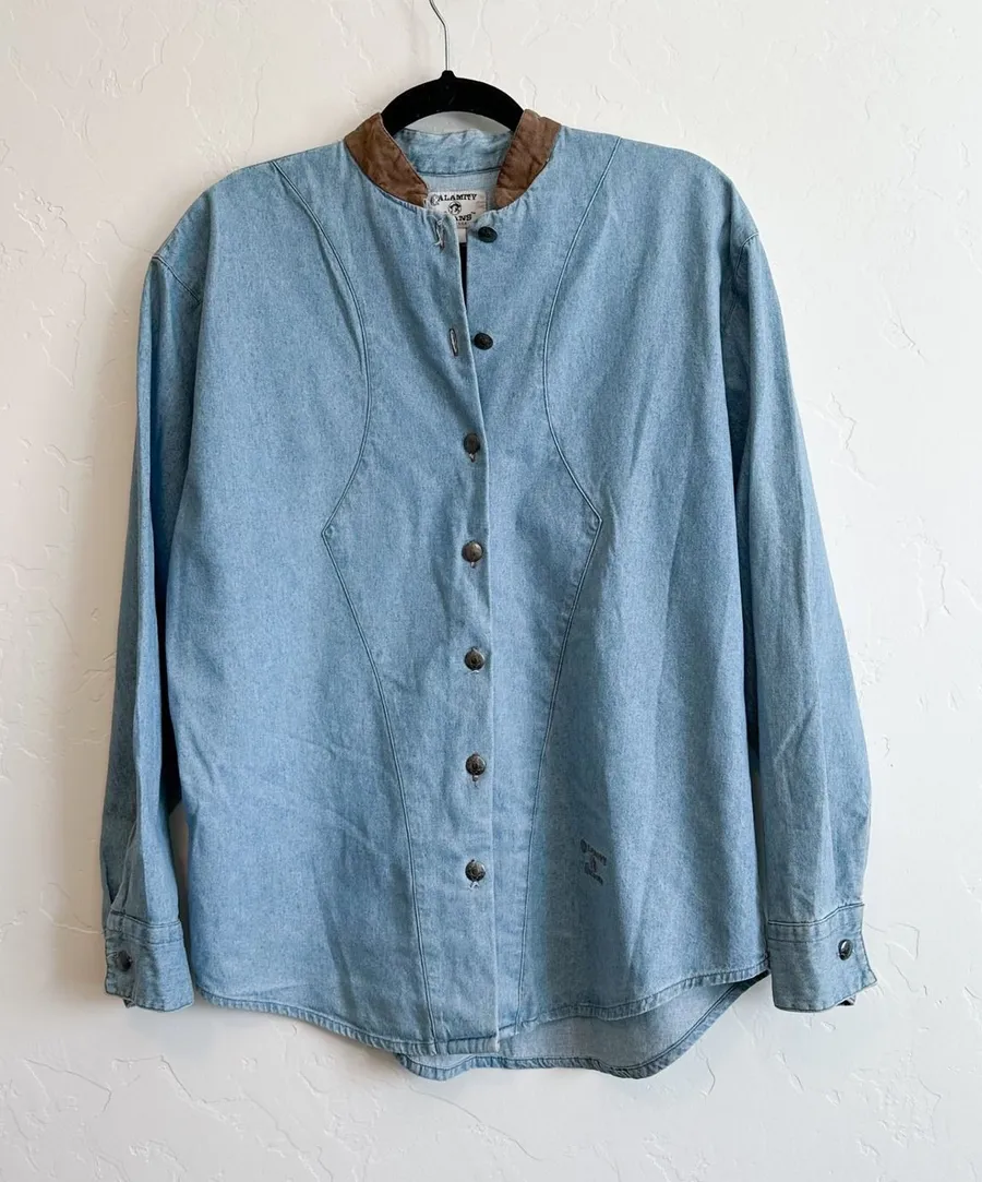 Calamity Jeans | Vintage Southwestern Denim Jean Suede Collar Shacket Jacket Blue Size M