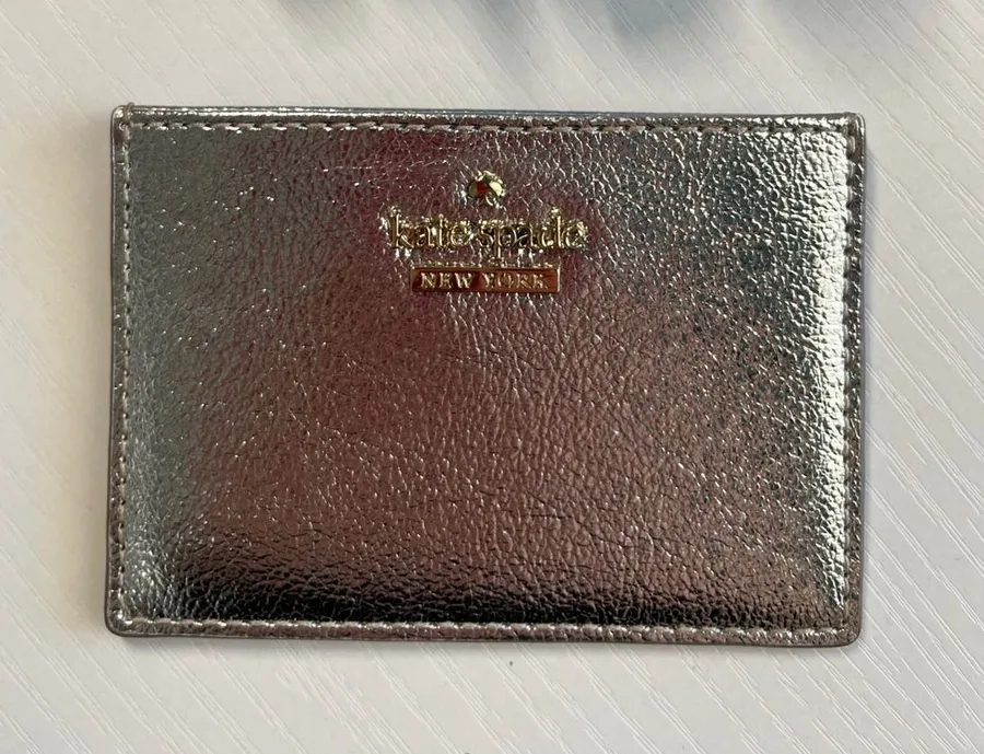 Kate Spade New York Metallic Silver Leather Card Holder Wallet Gold Logo Logo