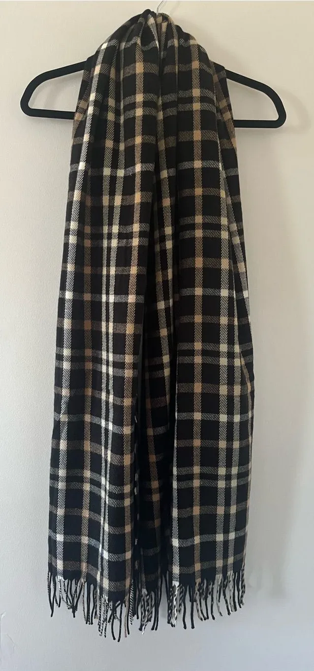 J Crew Plaid Blanket Scarf Black Tan Fringe Oversized Winter Wrap Preppy