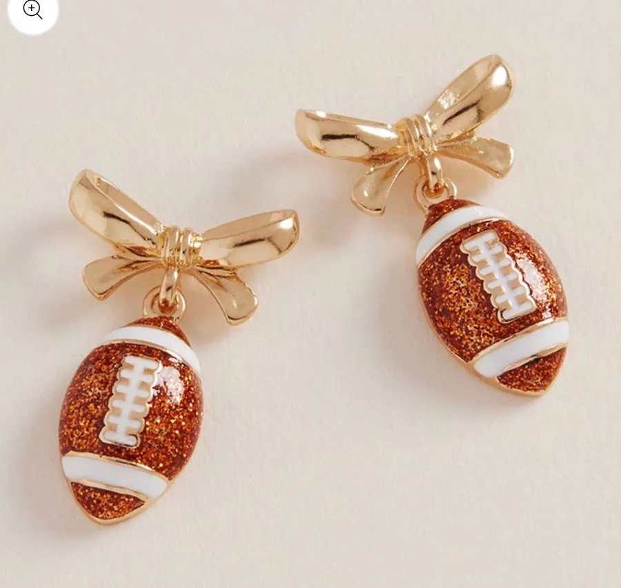Bow Accent Football Dangle Earrings Gold
