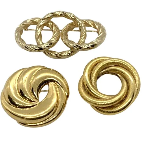 Vintage Lot of 3 Gold Tone Pin Brooch Circular Round Napier Interlocking Circle