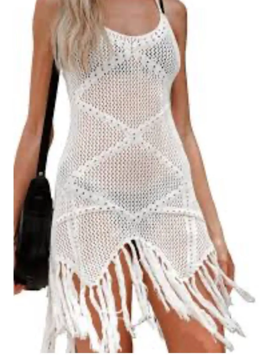 Endless Blu White Crochet Fringe Cover Up Boho Festival Beach Dress Size M Size M