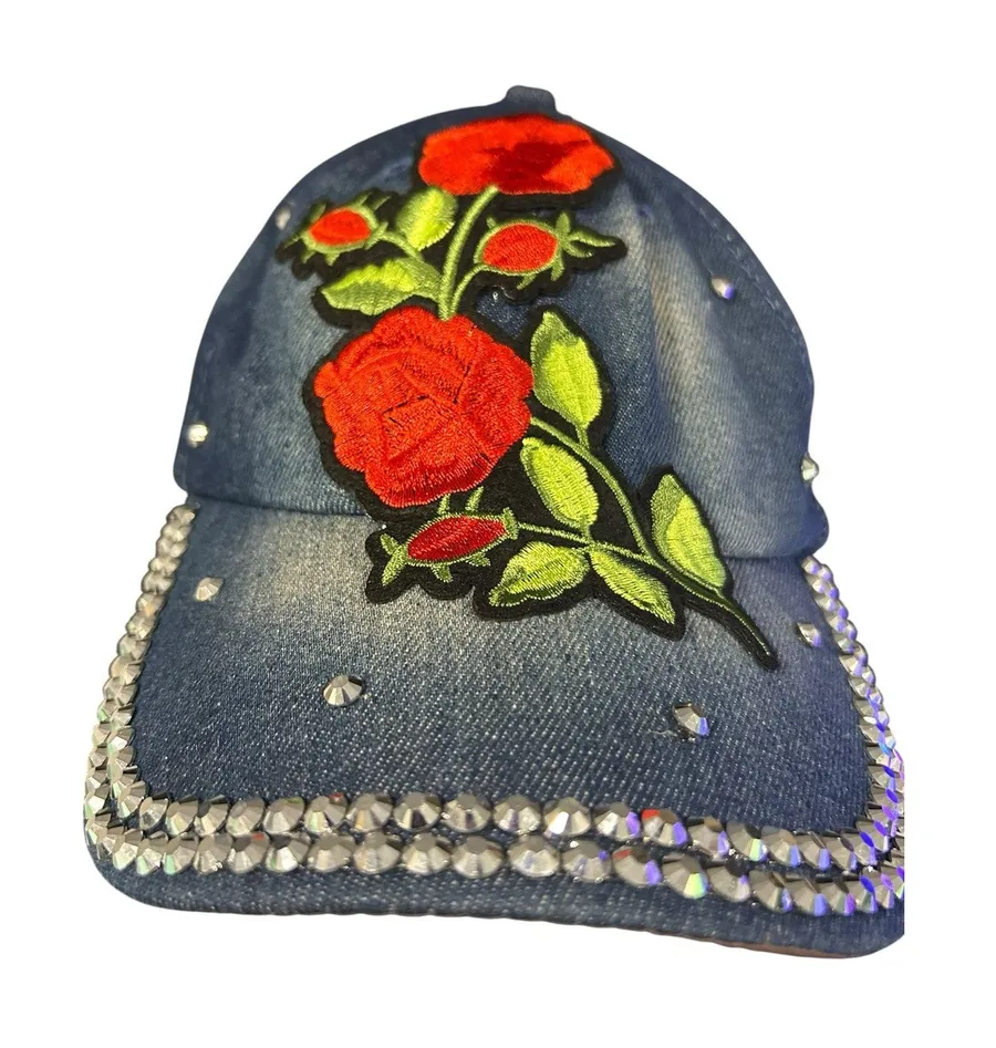 Y2K Denim Rose Baseball Cap Rhinestone Floral Coquette Western Bling Hat Blue