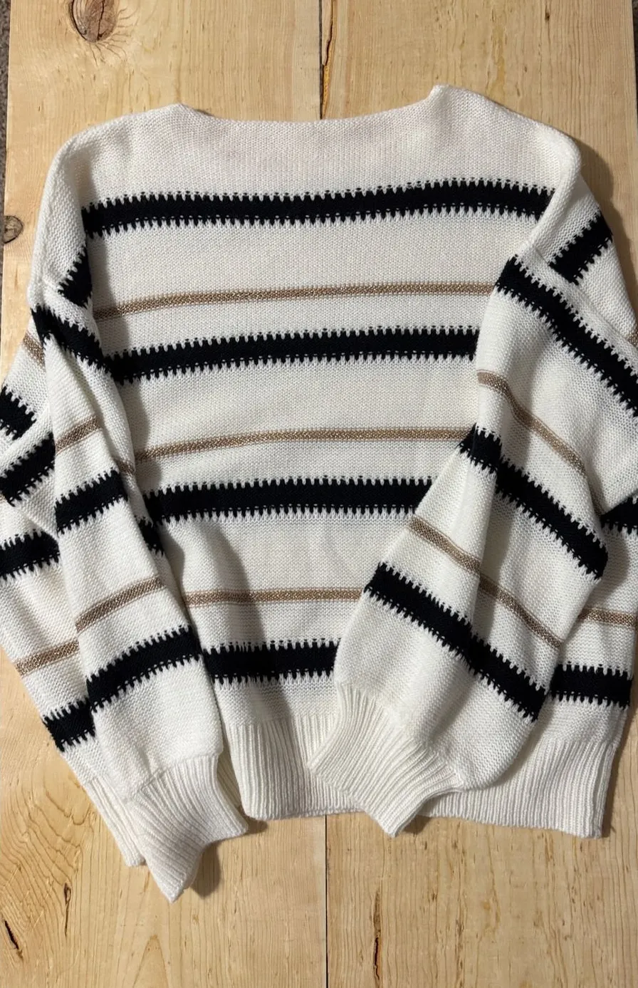 Womens XL Striped Knit Sweater White Black Gold Metallic Boat Neck