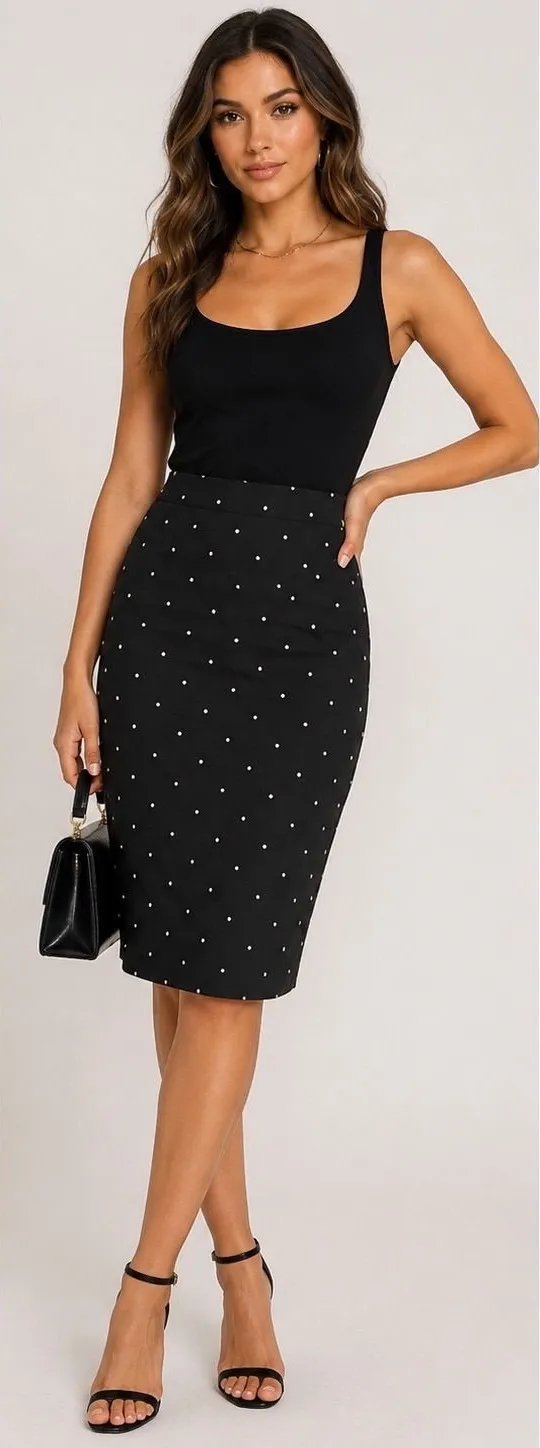 Calvin Klein Black Polka Dot 100% Silk Pencil Skirt Size 4 SS35268O Knee Length