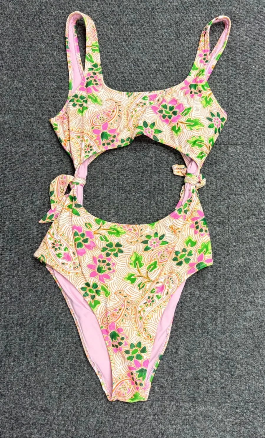 Aerie Real Good One Piece Cheeky Swimsuit Pink Green Floral Paisley Cutout Med