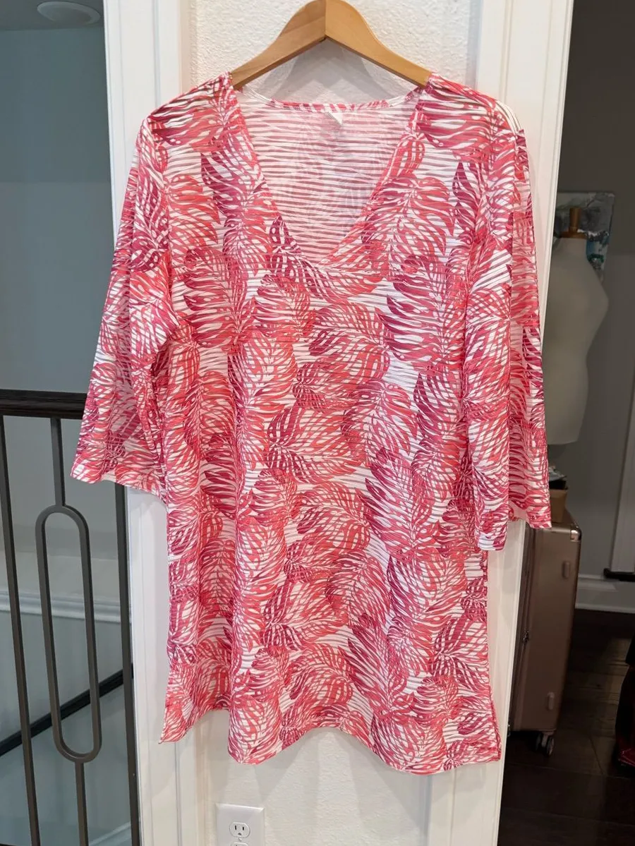 Apt. 9 Pink Tropical Leaf Print V-Neck Tunic Top XL