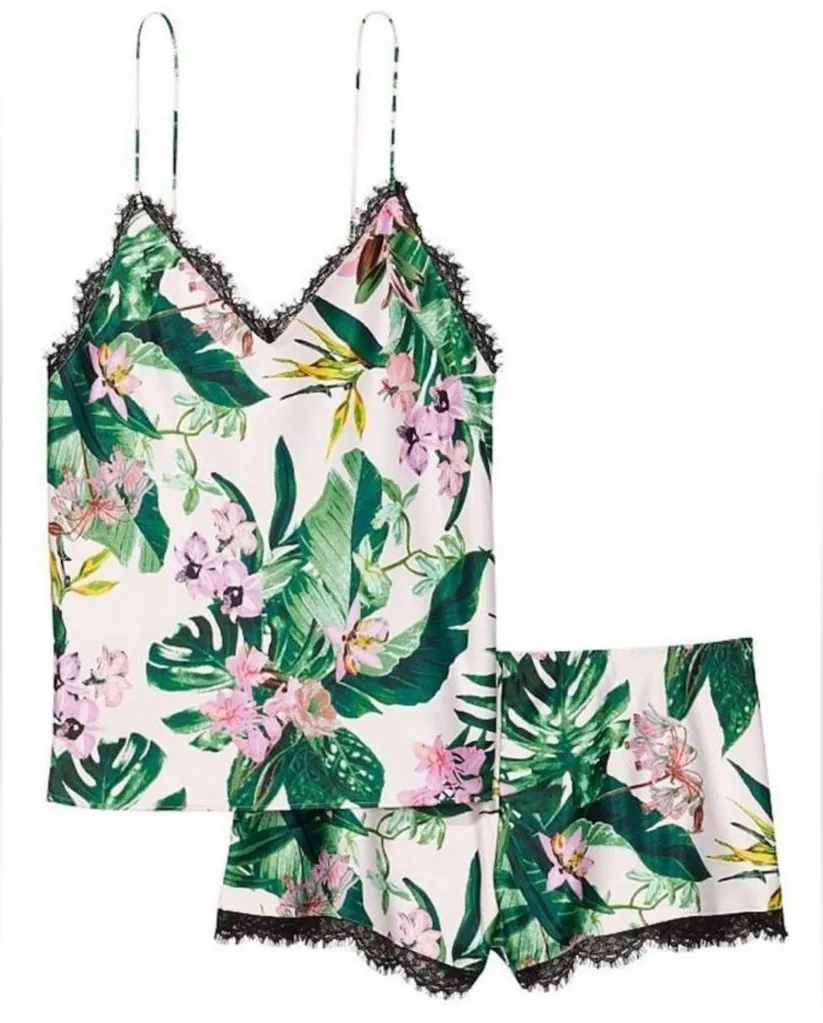 Victoria's Secret Size XS Stretch Satin Lace Back Cami Set Tropic Paradise NEW