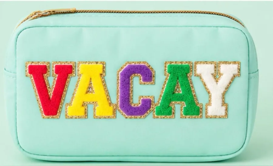 Mint ‘VACAY’ nylon Travel Pouch with Gold Trim varsity letter patches Green