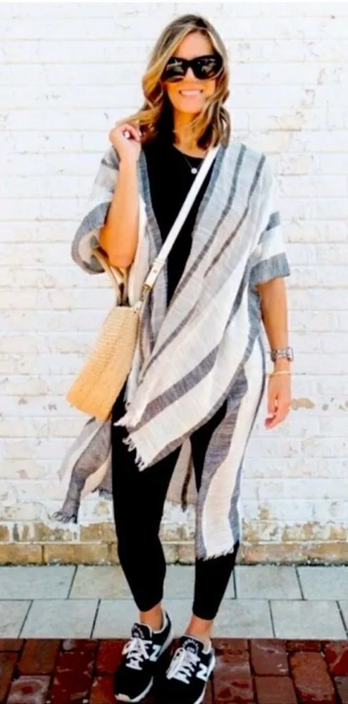 Aerie Boho Striped Cover Up Fringe Kimono White Black Gray One Size