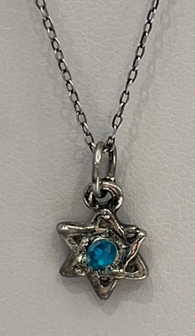 Star of David Necklace Silver Tone Pendant Blue Stone Jewelry
